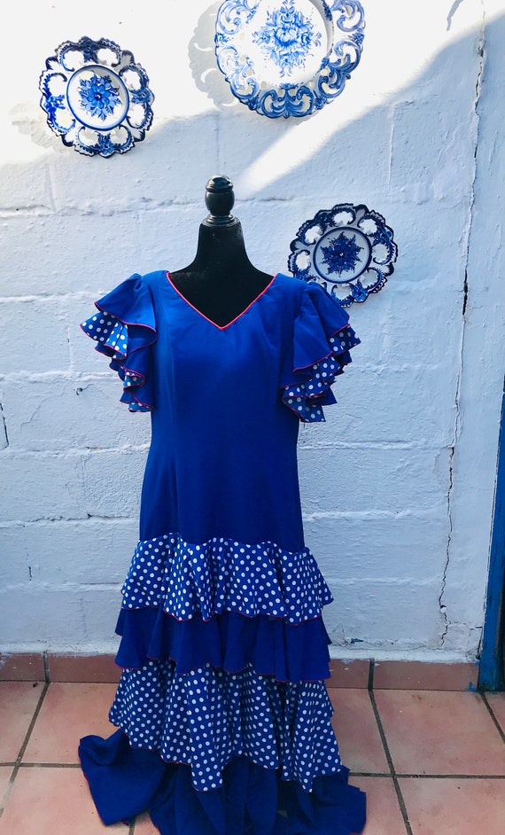 Cintura 38 XL Vintage Autentico Vestido Flamenco Gitano Frida Cosplay Lunares Azules Adarbe Alhama de Granada Etsy Espana