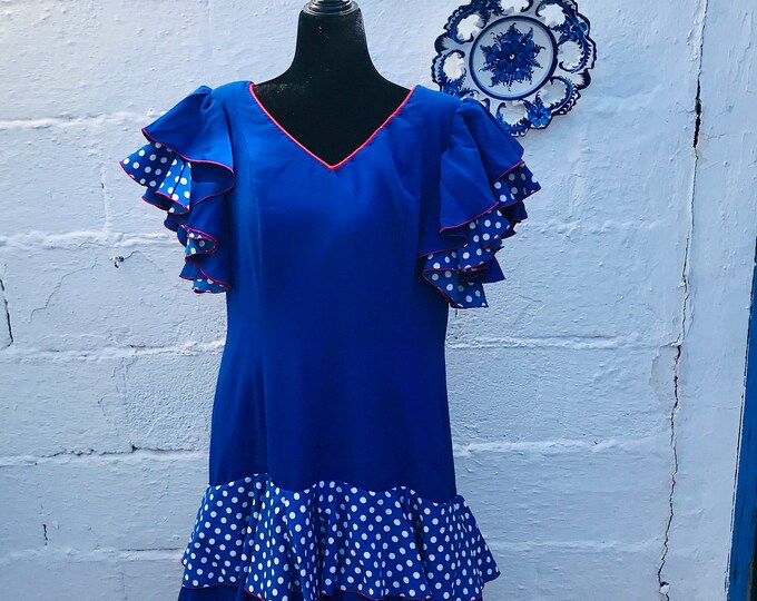 Waist 38" XL Vintage Authentic Flamenco Dress Gypsy Frida Cosplay Blue Polka Dot, "Adarbe", Alhama de Granada