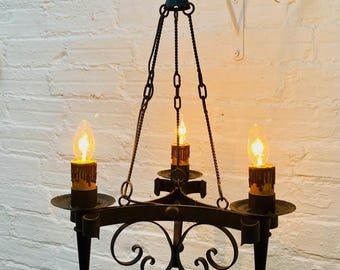 Vintage Wrought Iron Chandelier: Gothic Spanish Medieval Lighting