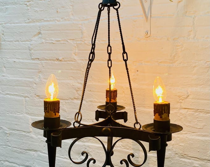Vintage Wrought Iron Chandelier: Gothic Spanish Medieval Lighting