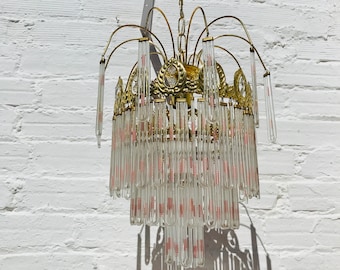 Antique Gold Brass Chandelier: Pink Crystal Prisms, Italian French Lighting (24" x 14")