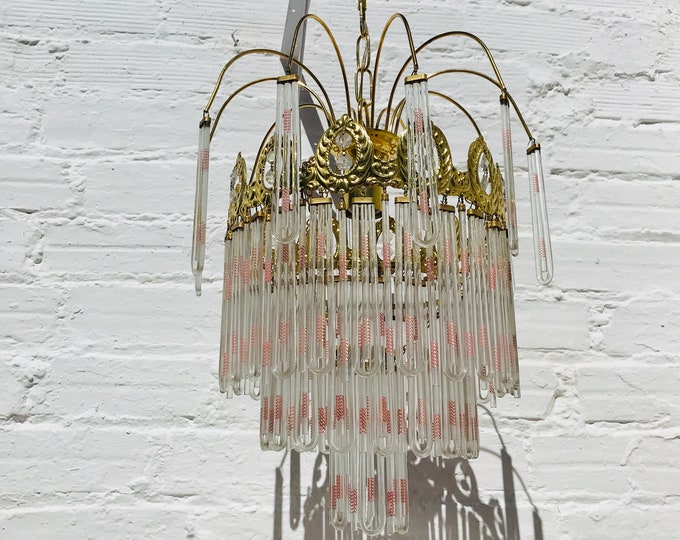 Antique Gold Brass Chandelier: Pink Crystal Prisms, Italian French Lighting (24" x 14")