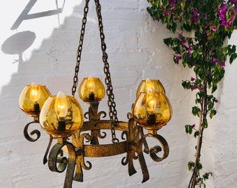 Antique Gilt Gold Wrought Iron Chandelier with Yellow Glass Shades