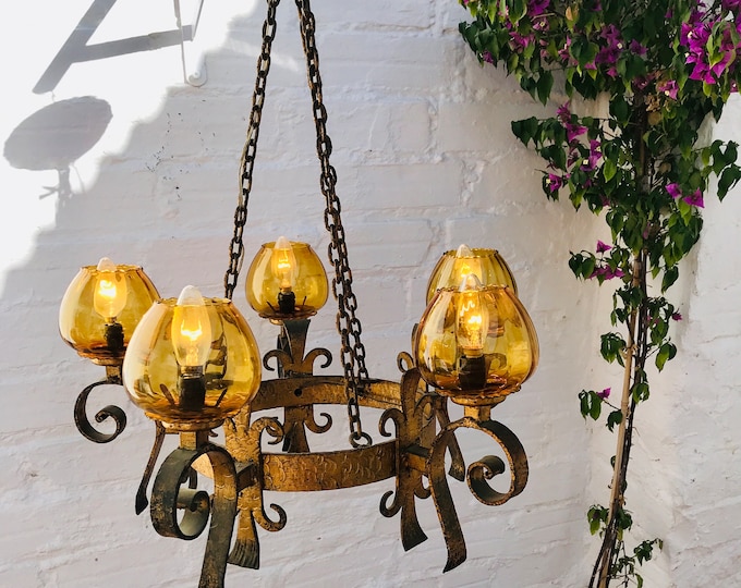 Antique Gilt Gold Wrought Iron Chandelier with Yellow Glass Shades