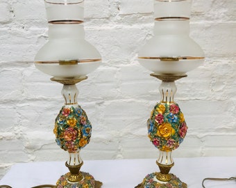 Antique Capodimonte Table Lamps: Floral Porcelain, Cast Bronze, 11" (PAIR)