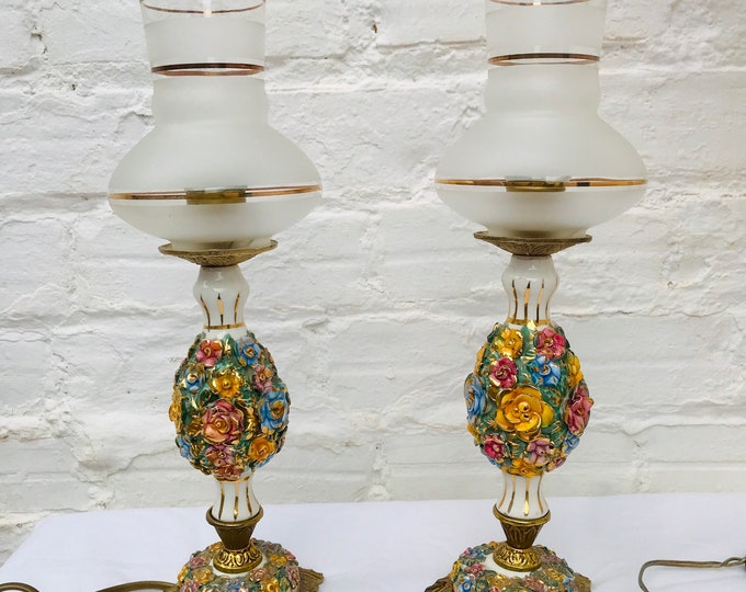 Antique Capodimonte Table Lamps: Floral Porcelain, Cast Bronze, 11" (PAIR)