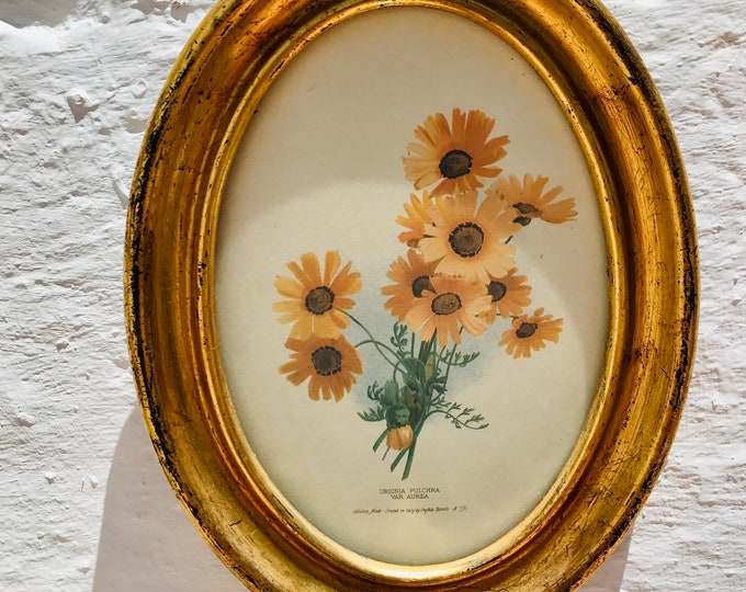 8.25" Small, Antique, Gilt, Wood, Gold Frame, Water Color, Yellow Flowers, Sunflowers, Print