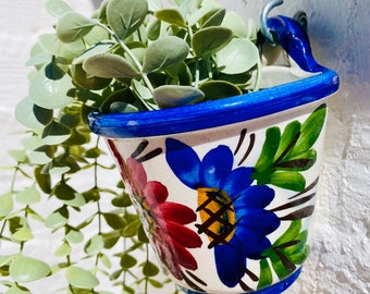 Jardinière en céramique à accrocher au mur, poterie espagnole Talavera, floral bleu d'Espagne, fait main