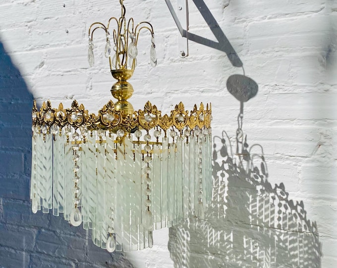 Vintage Hollywood Glam Chandelier, Flat Glass Prisms, French, 28 x 16.5"