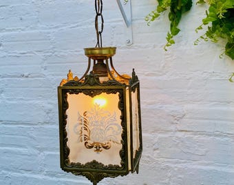 Antique Brass Spanish Lantern: Etched Glass Hall Light