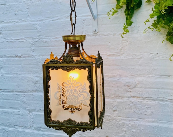 Antique Brass Spanish Lantern: Etched Glass Hall Light