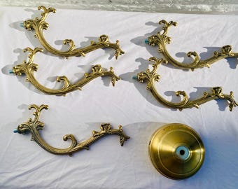 5 Antique Bronze Chandelier ARMS with Center Hub Plate, 2 Holes for Crystals Garlands