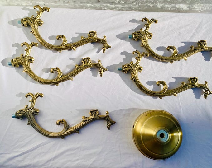 5 Antique Bronze Chandelier ARMS with Center Hub Plate, 2 Holes for Crystals Garlands