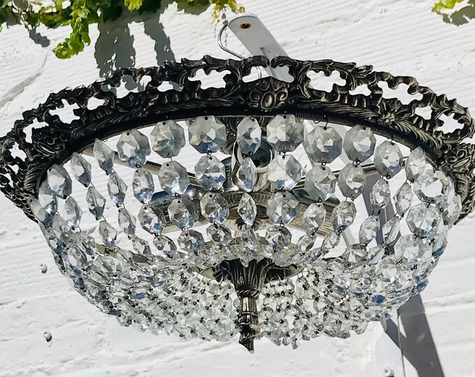Antique French Silvered Bronze Crystal Bowl Chandelier (17.5x11")