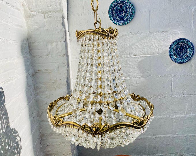 Antique French Empire Crystal Chandelier Tiered Brass 4 Light 29 Inch Drop