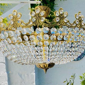 Large 20.5 x 15&quot; Vintage French Chandelier, Crystal, Bowl, Brass, Suitable for USA / EU / AU, Stunning!