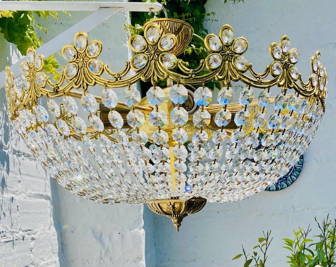 Vintage French Crystal Chandelier: Brass Bowl, Large 20.5"