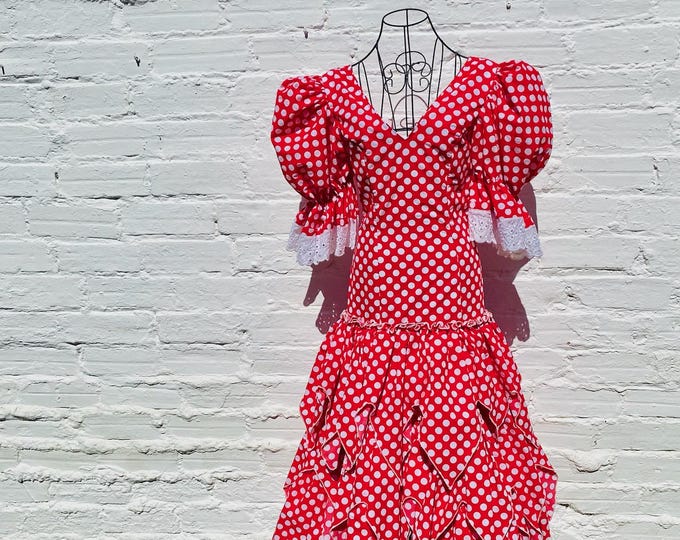Vintage Flamenco Dress: Red Polka Dot Feria Gitana, 26" Waist