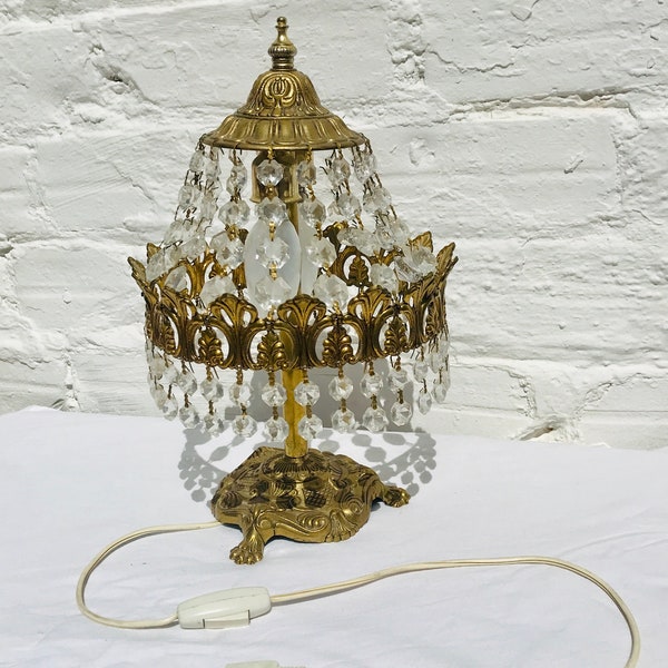 Antique French Empire Chandelier Boudoir Table Lamp Crystal Bronze 2-Lights