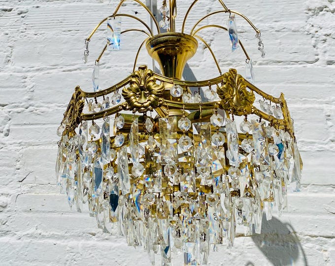 Vintage Tiered Crystal Chandelier, Brass French Style Basket Light (22 x 13")