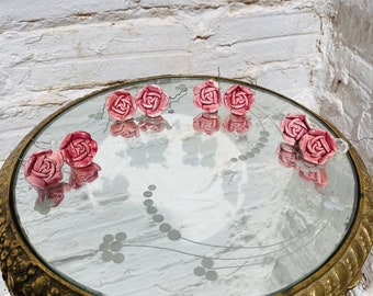 Lot of 2 Pink Porcelain Capodimonte Rose Flower BEADS for CHANDELIERS and Antique Lighting Lamps