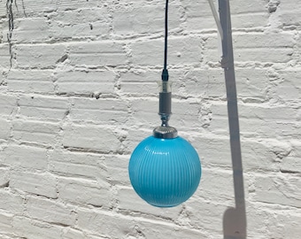 21.5 x 13.5" Vintage Mid Century Ribbed Blue Glass Globe Shade Pendant Light
