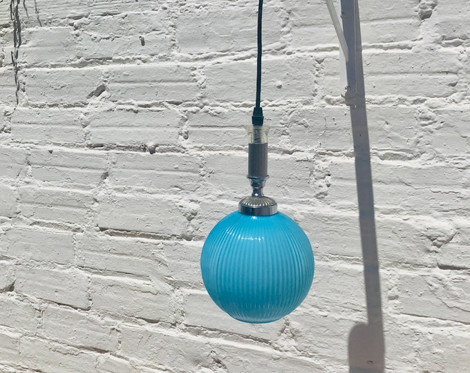 21.5 x 13.5" Vintage Mid Century Ribbed Blue Glass Globe Shade Pendant Light