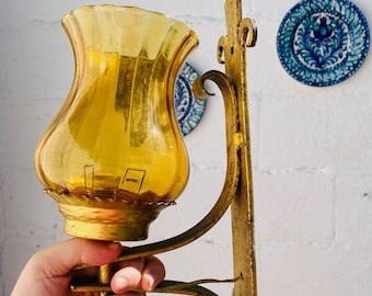 15.5" Iron Gilt Gold Antique Spanish Revival Wall Sconces Yellow Glass Shades