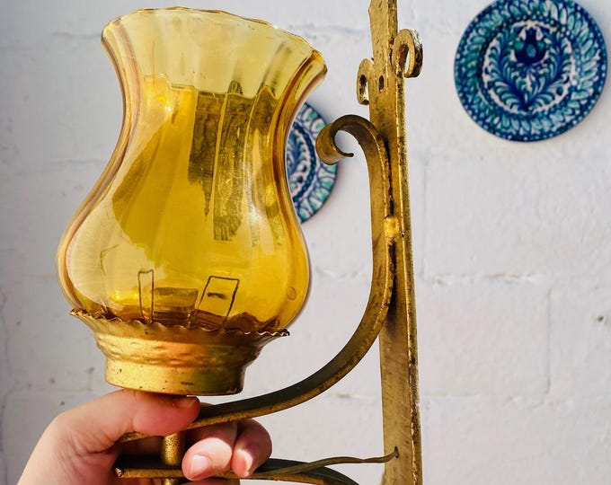 15.5" Iron Gilt Gold Antique Spanish Revival Wall Sconces Yellow Glass Shades