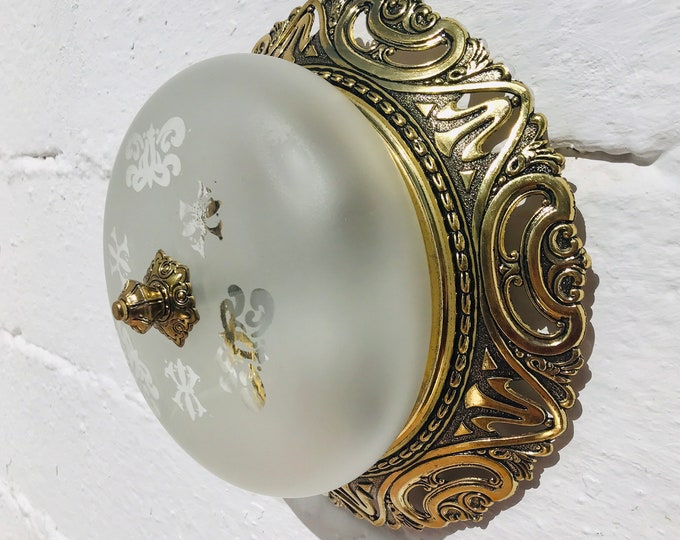 Antique Gold Brass Etched Glass Flush Mount Light - 11"
