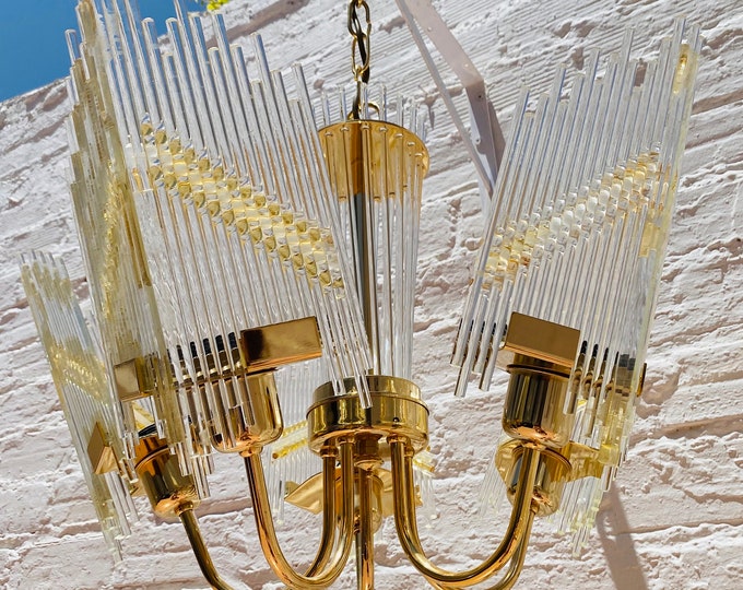Vintage Sciolari Style Brass & Glass Rod Chandelier: Italian Hollywood Glamour