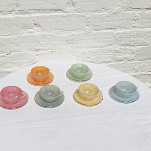 Vintage ARCOPAL France Glass Cup Saucer Demitasse Espresso Coffee Tea Set Pink Blue Green Yellow Gray Pastel Gold Rims Opaque