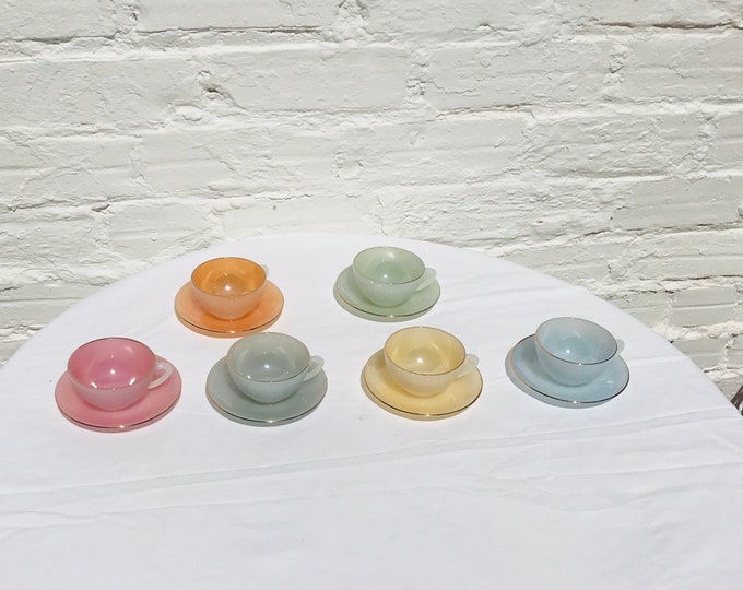 Vintage ARCOPAL France Demitasse Set: Pastel Espresso Cups, Gold Rims