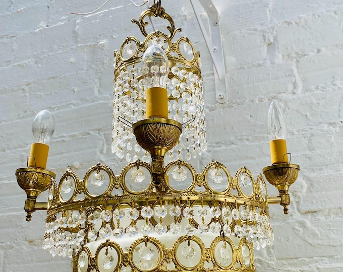 Antique Crystal Chandelier: Brass Empire Ceiling Light, Etched Glass Shade, Hollywood Regency Style, 29x18