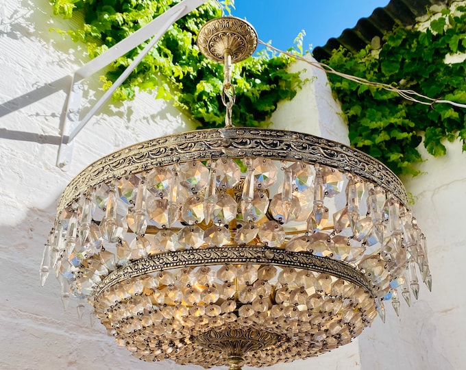 Large, Antique Tiered Bowl French Chandelier, Icicles, Rock Crystal, Silver, Suitable for USA & EU