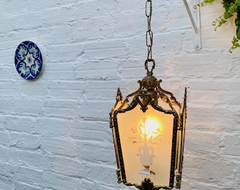 Antique Brass Spanish Lantern: Etched Glass, 1-Light Fixture