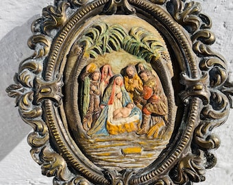 Antique Repoussé Nativity Scene: 19th Century Spanish Sacred Wall Art