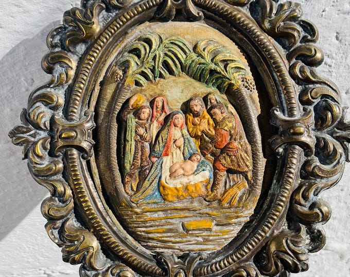 Antique Repoussé Nativity Scene: 19th Century Spanish Sacred Wall Art