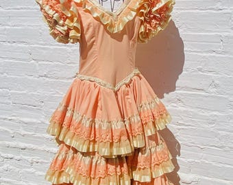 Vintage Flamenco Dress: Handmade Spanish Fiesta Gown, Hidden Pocket (Waist 30")