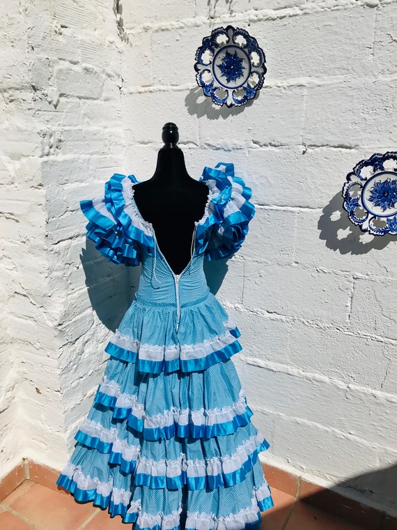 Vintage Flamenco Dress: Blue Polka Dot Feria Gitana, Waist 24"