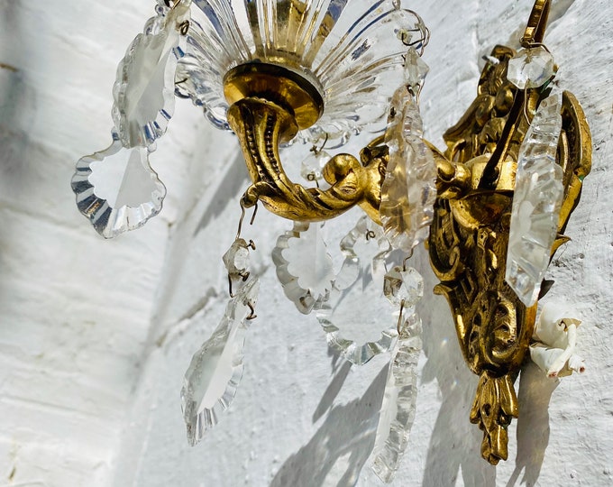 Antique French Sconce, Pendalogue, Bronze, Glass, Colonial, Empire, Wall Light