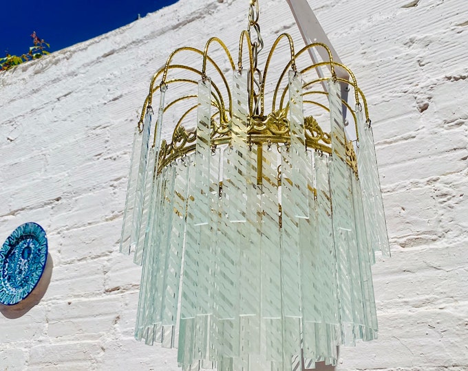 Vintage Art Deco Glass Chandelier: Gold Brass Pendant Light