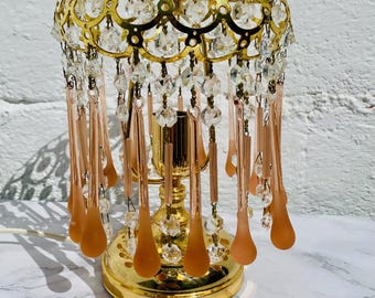 Vintage Murano Boudoir Accent Table Lamp, Brass, Chandelier, Crystal, Pink, Light, French, Romantic, Waterfall