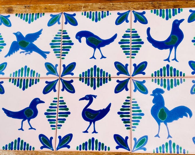 Set of 8 Fajalauza Ceramic Tiles: Hand Painted Blue Green Birds (4x4)