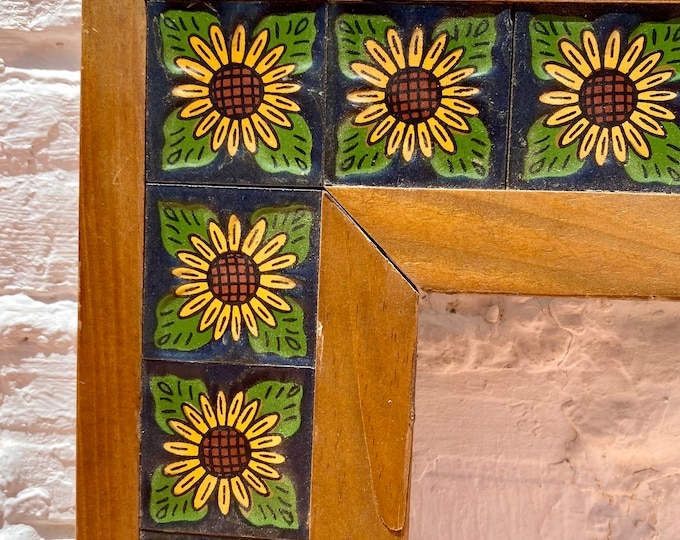 Antique Spanish Wooden Frame with Valencian Sunflower Tiles Handcrafted Wall Frame