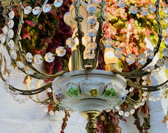 Antique Bronze Chandelier, Floral, White Ceramic Porcelain Capodimonte Manises, Suitable for USA & EU