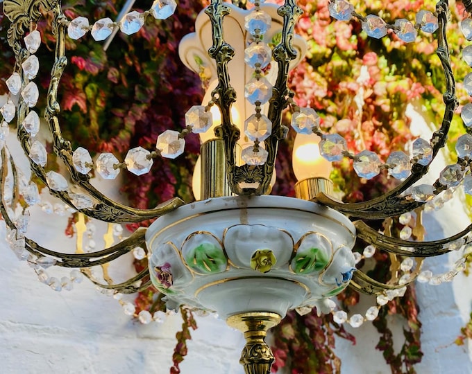 Antique Bronze Chandelier, Floral, White Ceramic Porcelain Capodimonte Manises, Suitable for USA & EU