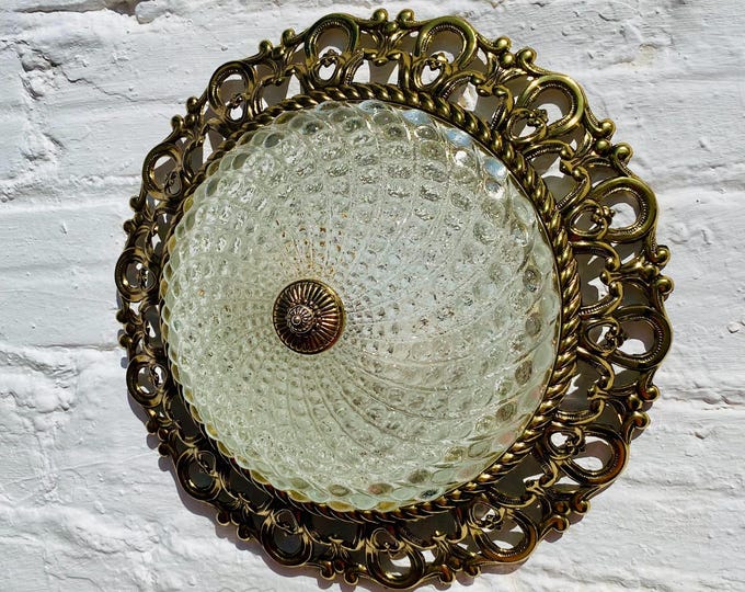 12" Vintage Brass Flush Mount Ceiling Light, Hobnail Glass Ceiling Fixture
