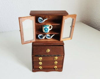 Vintage Doll House Furniture Wooden Secretary Desk Hutch Cabinet with SPANISH CERAMIC DISHES