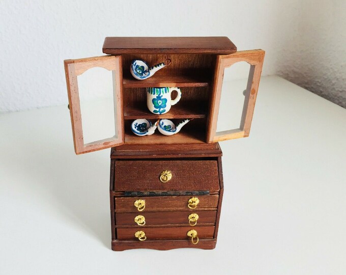 Vintage Doll House Furniture Wooden Secretary Desk Hutch Cabinet with SPANISH CERAMIC DISHES